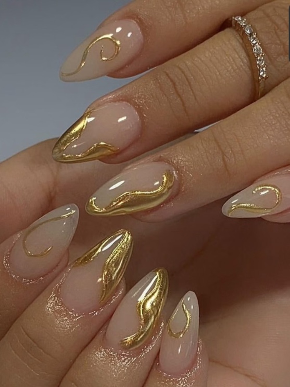 Gold Swirl Almond Press-On Nails — Nude Base with Metallic Gold Accents Set New
